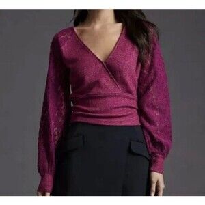 Anthropologie Surplice Ribbed Sweater Lace Sleeve Shirt Plum Pullover Size Small